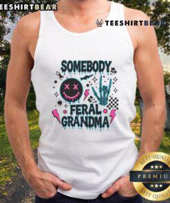 Alt Text: Feral grandma skeleton wearing a cool tank top, showcasing a unique and edgy fashion style for the Awesome Somebody collection.