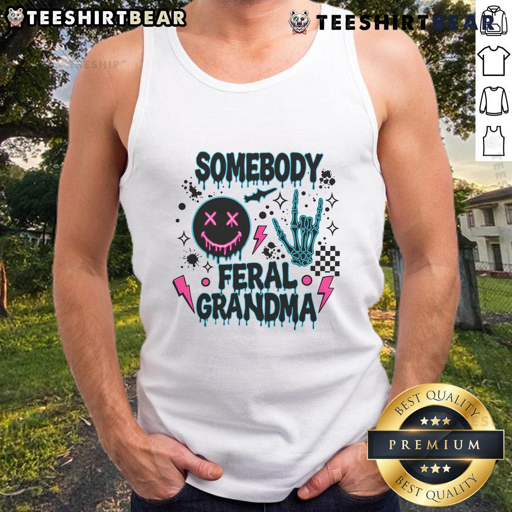 Alt Text: Feral grandma skeleton wearing a cool tank top, showcasing a unique and edgy fashion style for the Awesome Somebody collection.