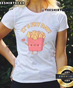 Alt Text: Cute French fries doodle on a ladies tee, celebrating Fry Day with a fun pun design for food lovers.
