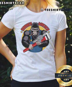 Alt Text: Cute monkey wrench graphic on a ladies tee for car repair technicians and grease monkeys, perfect for mechanics.