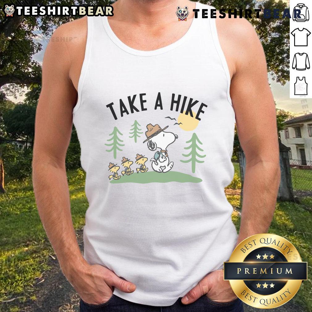 Cute Peanuts Snoopy and Woodstock Take A Hike tank top featuring vibrant graphics and playful design for outdoor lovers.