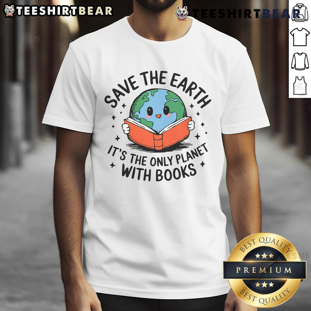 Cute Save Earth T-Shirt featuring a reader surrounded by books, celebrating Earth Day and promoting planet conservation.