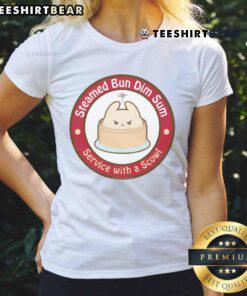 Cute steamed bun dim sum served on a plate, featuring a playful scowl design on a ladies' tee.