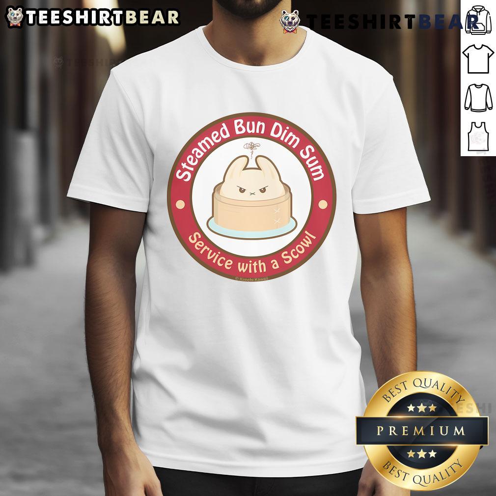 Alt Text: Cute steamed bun dim sum service t-shirt featuring a playful scowl design, perfect for food lovers and dim sum fans.