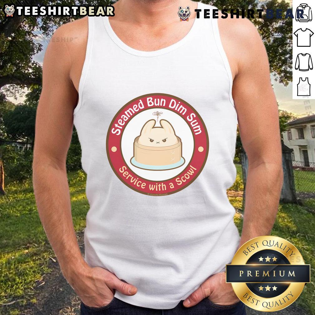 Adorable steamed bun dim sum served with a scowl tank top, showcasing a playful culinary presentation.
