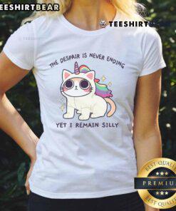 Alt Text: Cute tarot-themed ladies tee featuring a killer rabbit design with the phrase The despair is never ending, yet I remain silly.