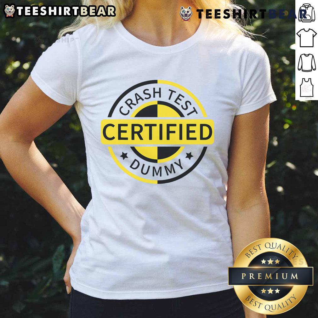 Funny Crash Test Certified Dummy Ladies Tee featuring a humorous design perfect for automotive enthusiasts and casual wear.