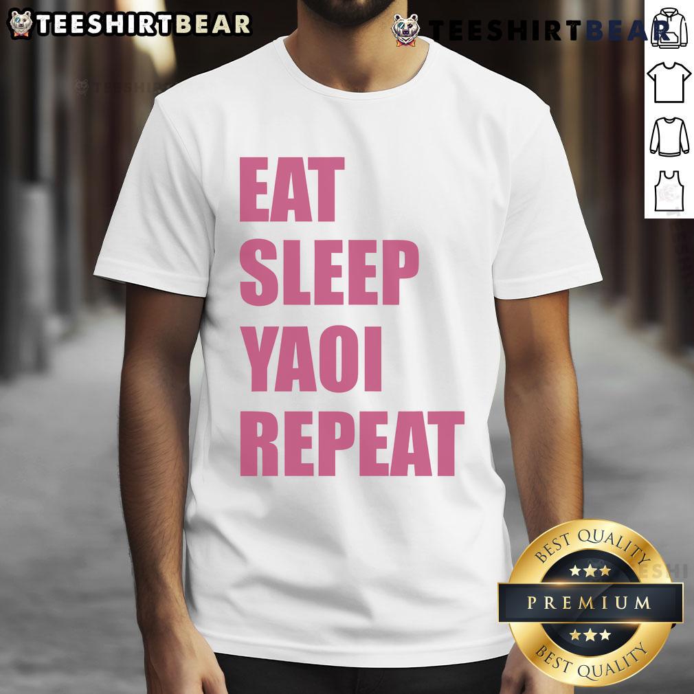 Alt Text: Funny Eat Sleep Yaoi Repeat T-Shirt design featuring playful text and vibrant colors, perfect for anime lovers.