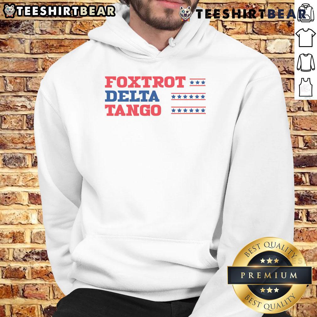 Funny Foxtrots Delta Tangos raglan baseball hoodie design featuring playful graphics and vibrant colors for casual wear.