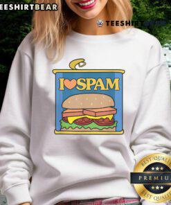 Alt Text: Funny I Heart Love Spam sweatshirt for food lovers featuring canned cooked pork design, perfect for casual wear.