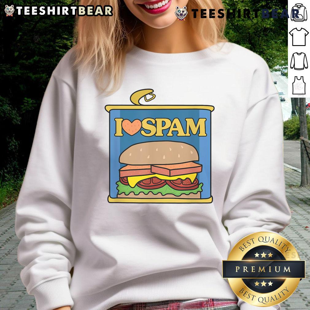 Alt Text: Funny I Heart Love Spam sweatshirt for food lovers featuring canned cooked pork design, perfect for casual wear.