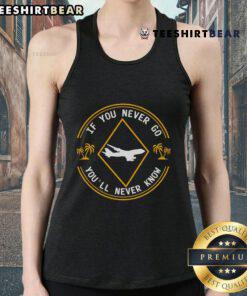 Funny travel tank top saying 'If You Never Go, You'll Never Know' for passionate traveling lovers, perfect for adventures.