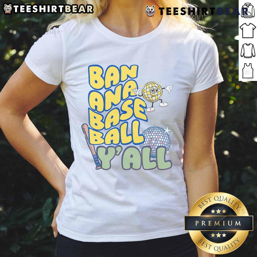 Alt Text: Funny 'Let's Go Bananas' Disco Baseball Y'all Ladies Tee featuring vibrant colors and playful graphics.