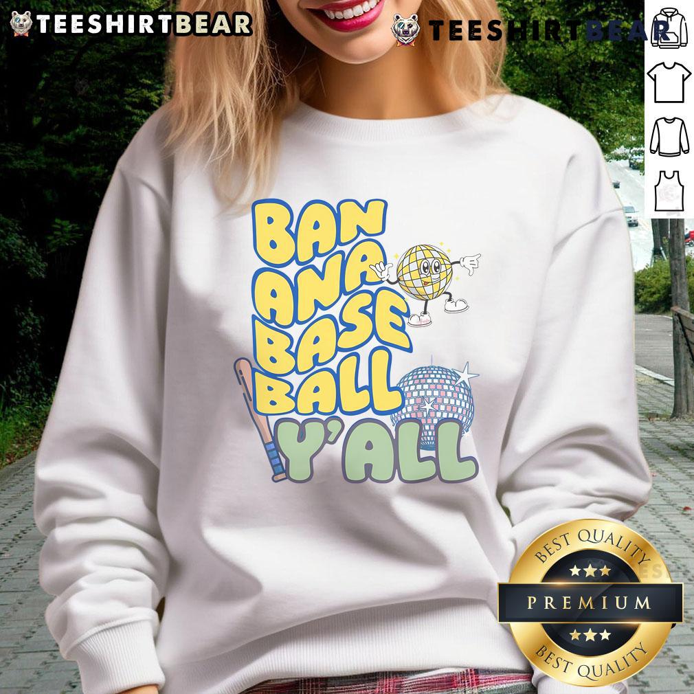 Funny 'Let's Go Bananas' disco baseball sweatshirt featuring vibrant colors and playful graphics for a fun look.