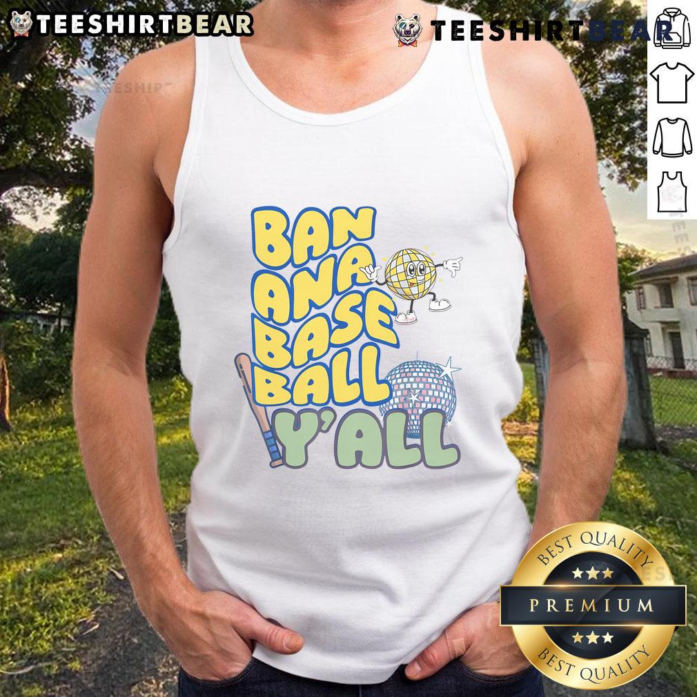 Funny Lets Go Bananas Disco Baseball Y'all tank top featuring vibrant graphics and playful design for summer style.
