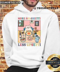 Cute cat wearing a hoodie with More Spaghetti, Less Upsetti design, perfect for cat lovers and fun fashion enthusiasts.