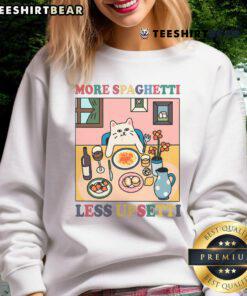 Cute cat sweatshirt with a funny More Spaghetti, Less Upsetti design, perfect for cat lovers and humor enthusiasts.