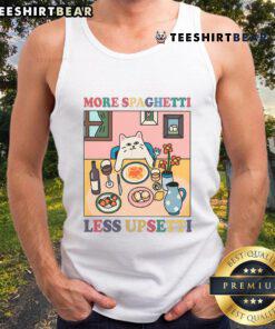 Cute cat tank top featuring the phrase More Spaghetti, Less Upsetti, perfect for cat lovers and food enthusiasts.
