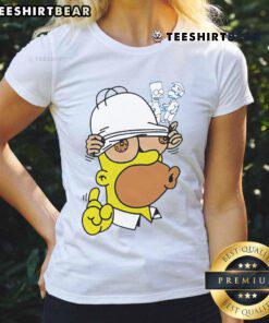 Funny 'My Eyes Are Up Here' Homer Simpson Ladies Tee featuring iconic cartoon character design. Perfect for fans!