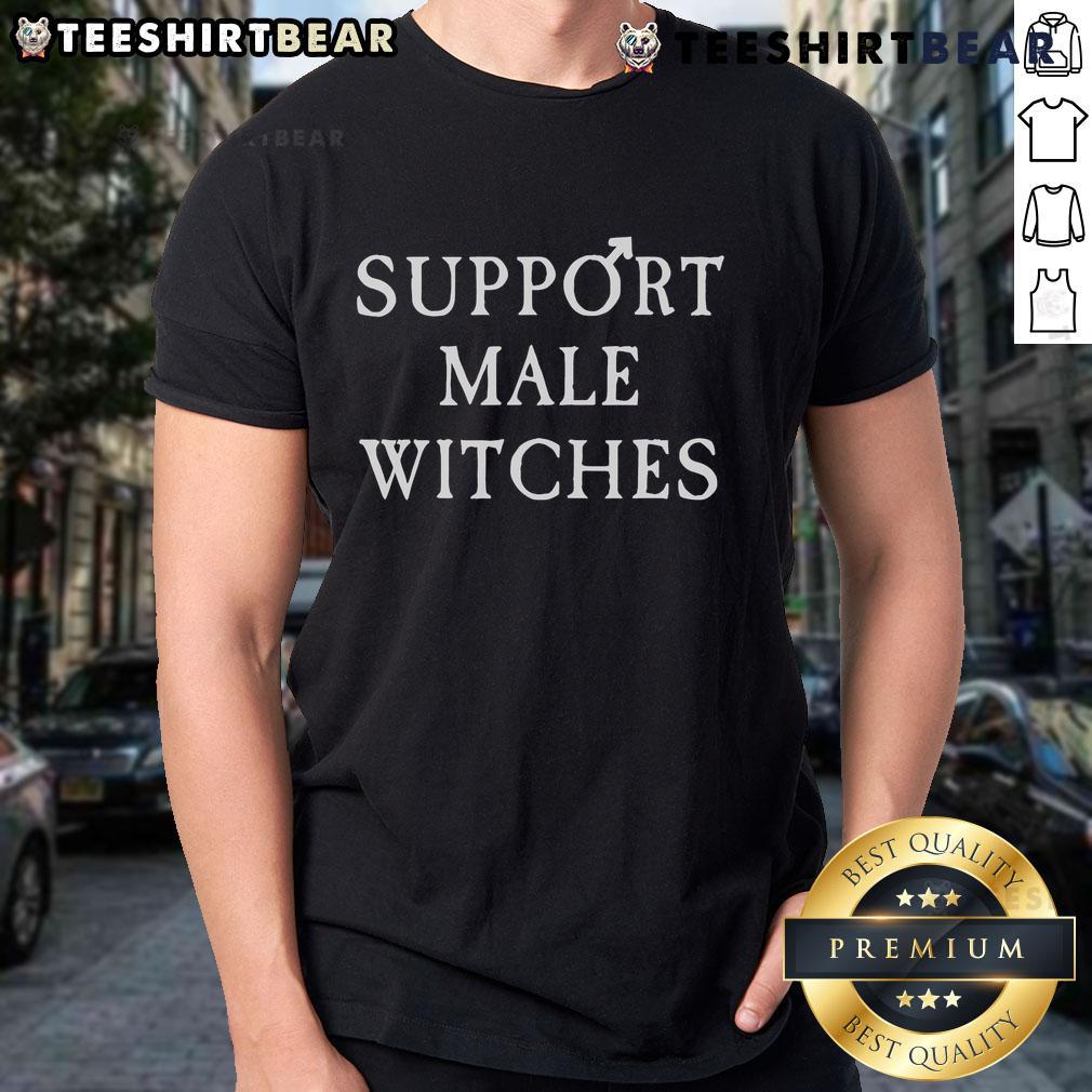 Funny Support Male Witches T-Shirt featuring humorous graphics celebrating male witchcraft and magic.