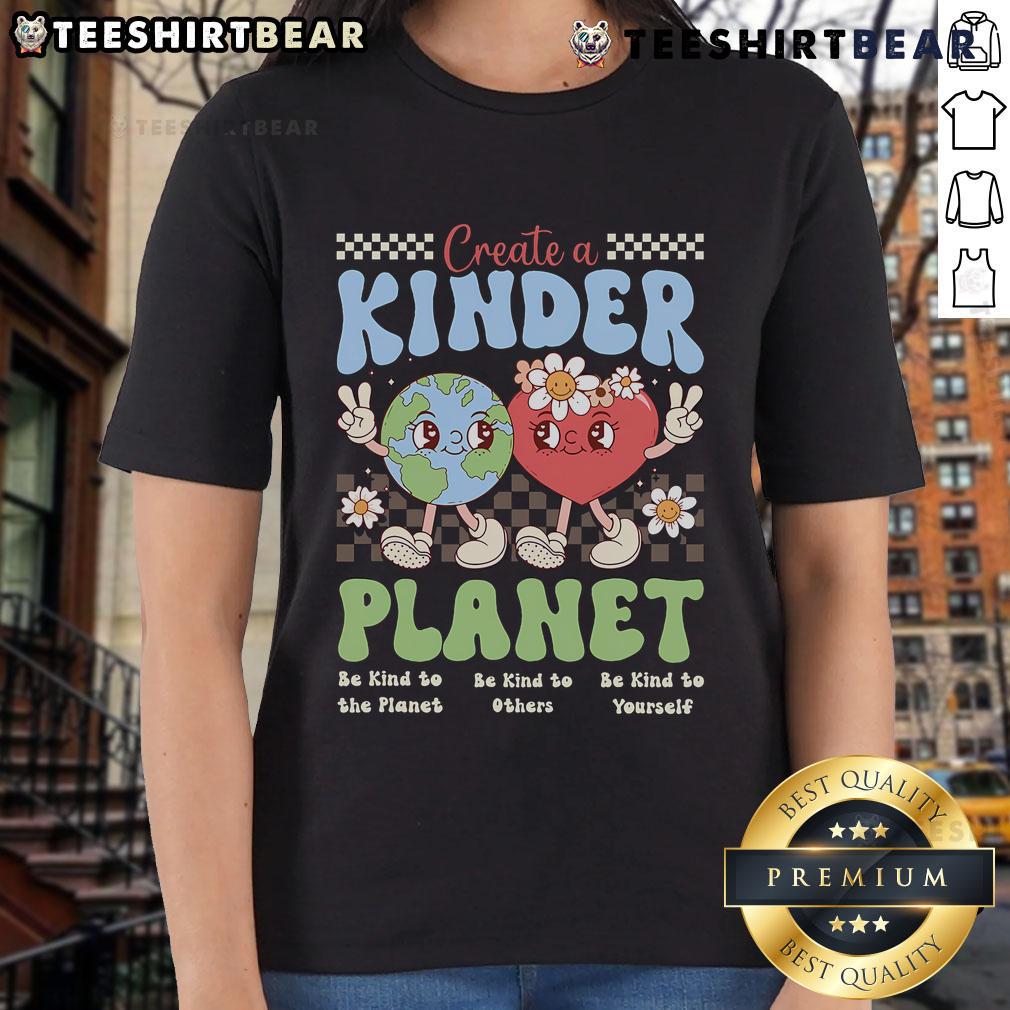 Trendy ladies tee featuring 'Good Create A Kinder Planet Be Kind' design, perfect for Earth Day celebrations and eco-conscious fashion.