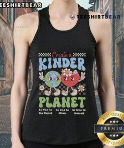 Trendy tank top featuring 'Good Create A Kinder Planet' design for Earth Day, promoting kindness and sustainability.