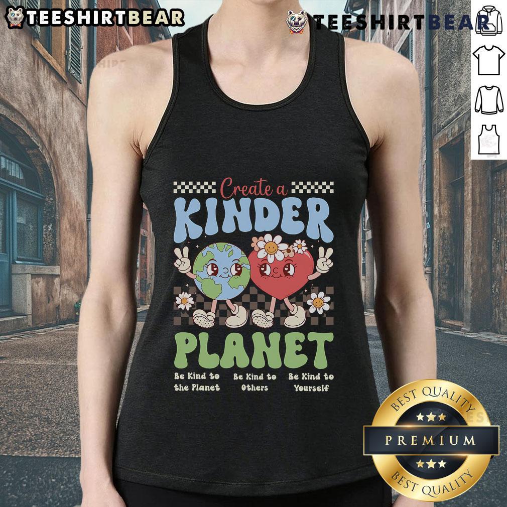 Trendy tank top featuring 'Good Create A Kinder Planet' design for Earth Day, promoting kindness and sustainability.