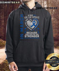 Blue hoodie worn by a nurse for Colon Cancer Awareness in March, promoting patient support and health advocacy.