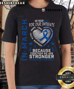 Women in blue tees promoting Colon Cancer Awareness in March, supporting patients and highlighting the importance of health.