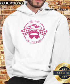 Good Just A Girl Who Loves Racing hoodie featuring race day checkered flags design, perfect for racing fans.