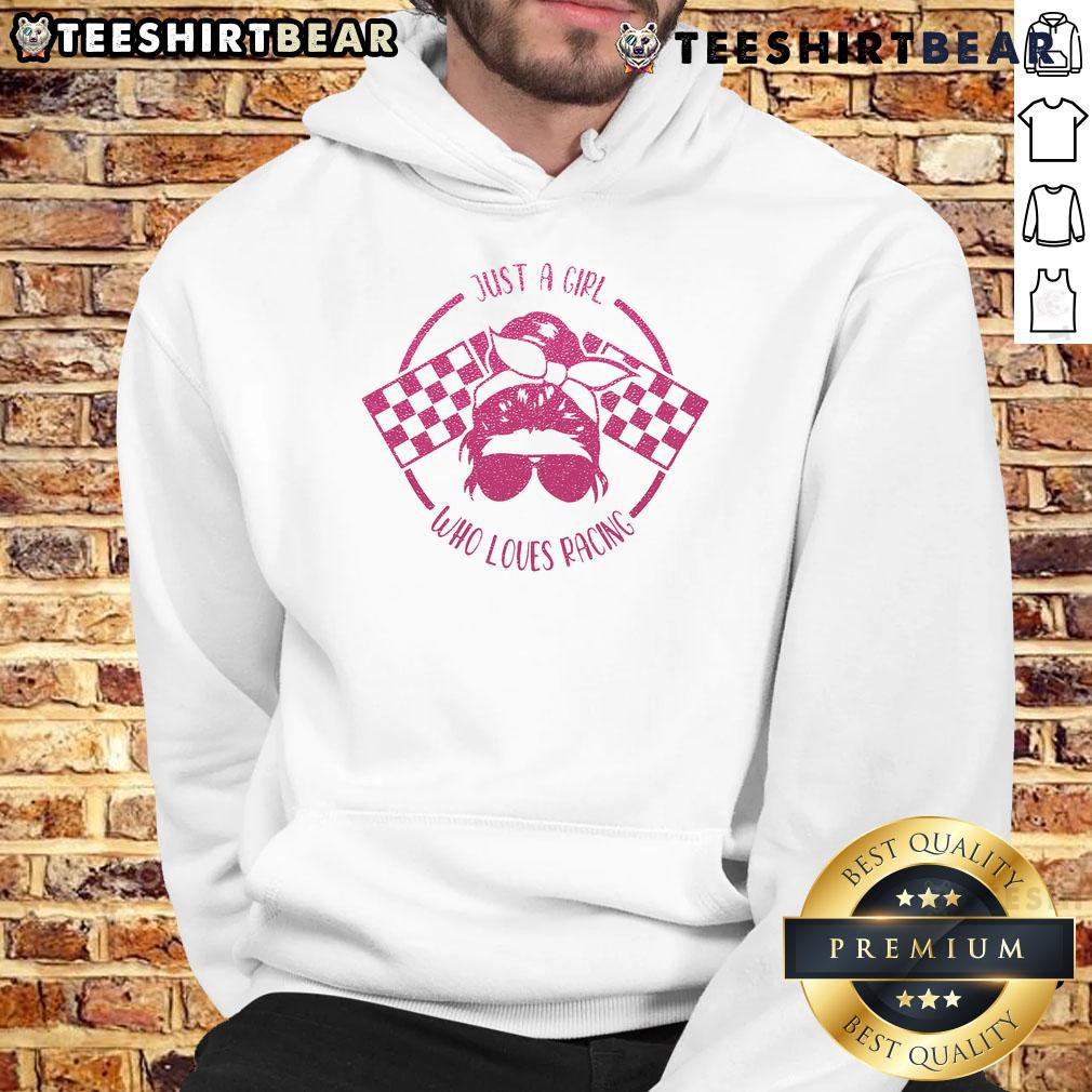 Good Just A Girl Who Loves Racing hoodie featuring race day checkered flags design, perfect for racing fans.