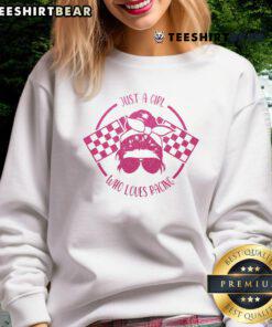 Good Just A Girl Who Loves Racing sweatshirt with checkered flags, perfect for race day enthusiasts.