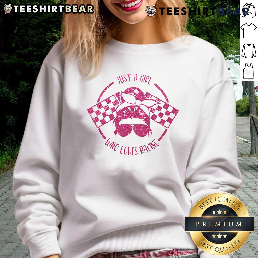 Good Just A Girl Who Loves Racing sweatshirt with checkered flags, perfect for race day enthusiasts.