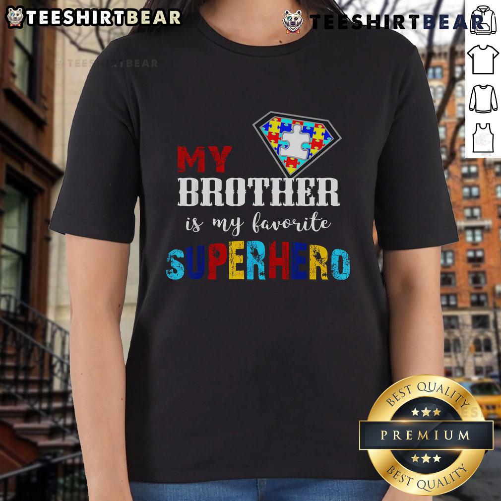 Good My Brother Is My Favorite Superhero Autism Awareness Ladies Tee in vibrant colors, promoting autism acceptance and love.