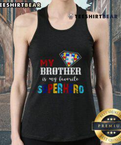 Child wearing 'Good My Brother Is My Favorite Superhero' autism awareness tank top, promoting acceptance and love.