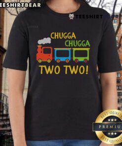 Happy Chugga Chugga Two Two Birthday Train Ladies Tee featuring colorful train graphics and festive birthday design.