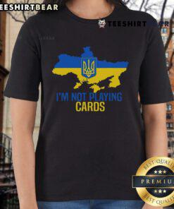 Zelensky-themed ladies tee with 'Hot I'm Not Playin' design and Ukrainian map, perfect for proud supporters.