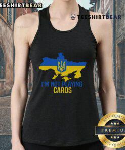 Zelensky graphic tank top featuring a Ukrainian map and 'Hot I'm Not Playing' slogan, perfect for casual wear.