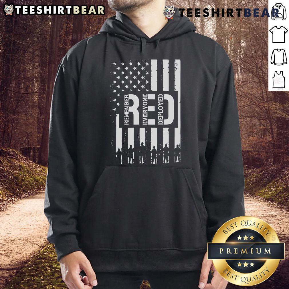 Hot R.E.D. Remember Everyone Deployed Red Friday Flag Hoodie showcasing patriotism and support for deployed military personnel.