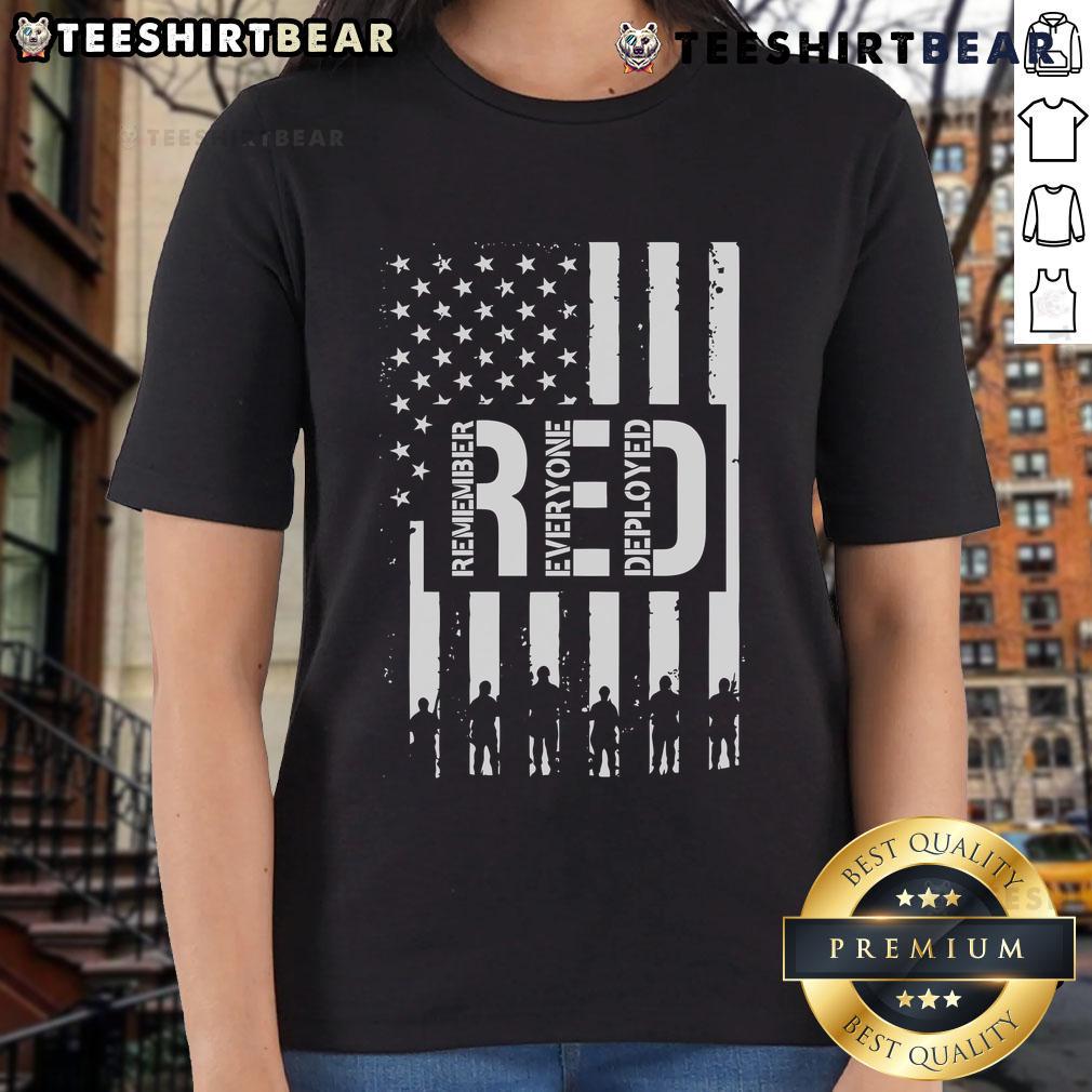 Alt Text: Hot R.E.D. Remember Everyone Deployed Red Friday flag design on a stylish ladies tee for patriotic supporters.