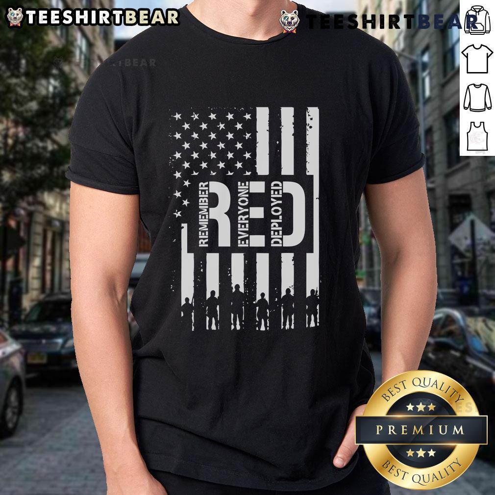 Alt Text: Hot R.E.D Remember Everyone Deployed Red Friday Flag T-Shirt featuring a bold design celebrating military support.