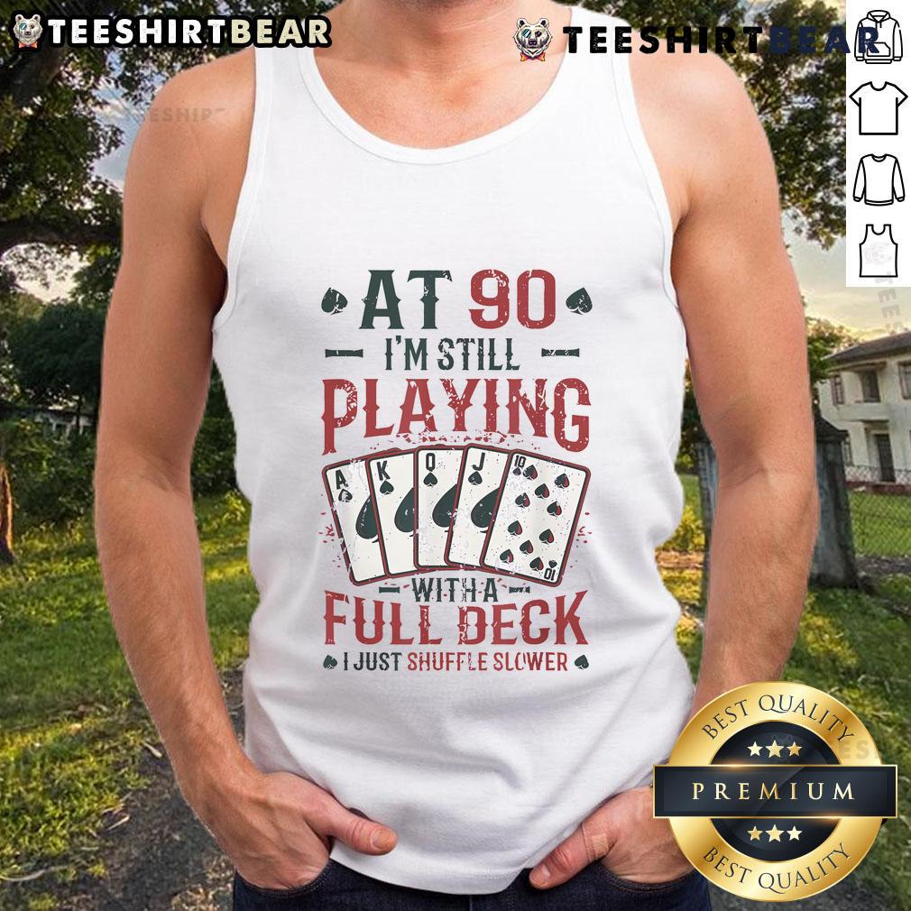 90th birthday tank top featuring 'Nice at Ninety' design, perfect for celebrating with a full deck of cards.