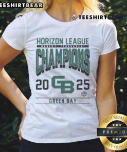 Alt Text: 2025 Horizon League Women's Tournament Champions tee featuring Nice Green Bay logo and vibrant design.