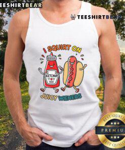 Fun hot dog tank top featuring 'Nice I Squirt On Juicy Wieners' graphic, perfect for food lovers and summer events.