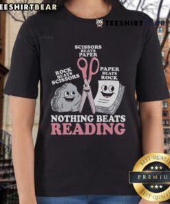Nice Nothing Beats Reading Rock Paper Scissors Ladies Tee featuring a playful design for book lovers and gamers.