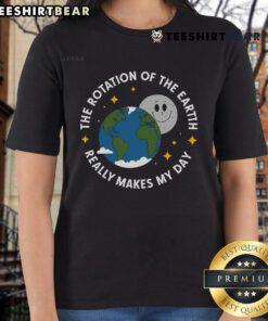Earth Day ladies tee featuring a vibrant design of the Earth's rotation, celebrating our planet and sustainability.