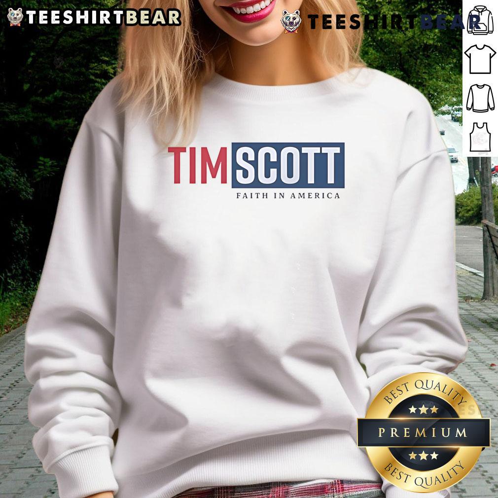 Alt Text: Tim Scott for President sweatshirt featuring 'Faith in America' slogan, perfect for supporters of Tim Scott.