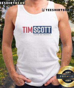 Alt Text: Nice Tim Scott for President Faith in America tank top featuring bold graphics and patriotic colors.