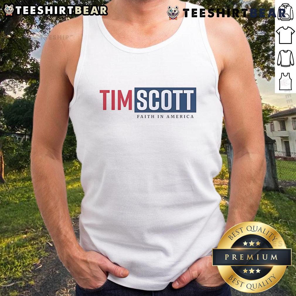 Alt Text: Nice Tim Scott for President Faith in America tank top featuring bold graphics and patriotic colors.