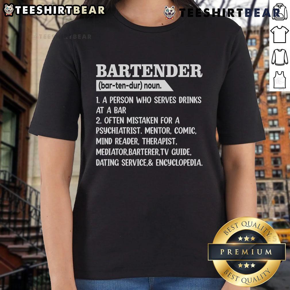 Official bartender definition graphic on a ladies' tee, featuring stylish bar and barkeeper elements for cocktail enthusiasts.